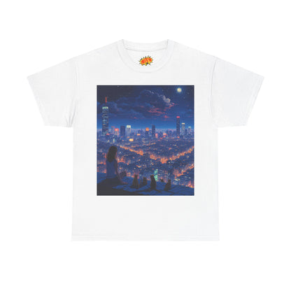 Neon Anime Cityscape Scene w/Girl & Cats T-Shirt