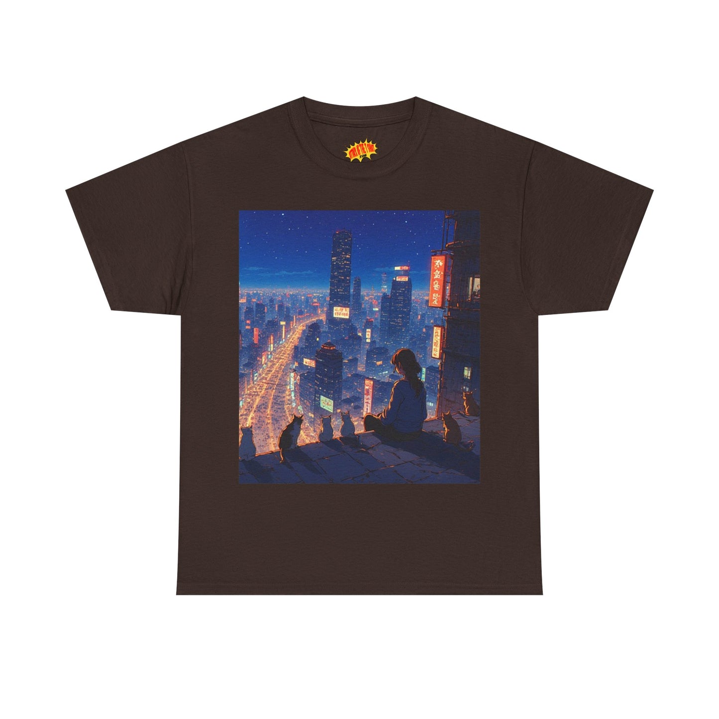 Neon Anime City Night Scene w/Girl & Cats T-Shirt *Multiple Colors*