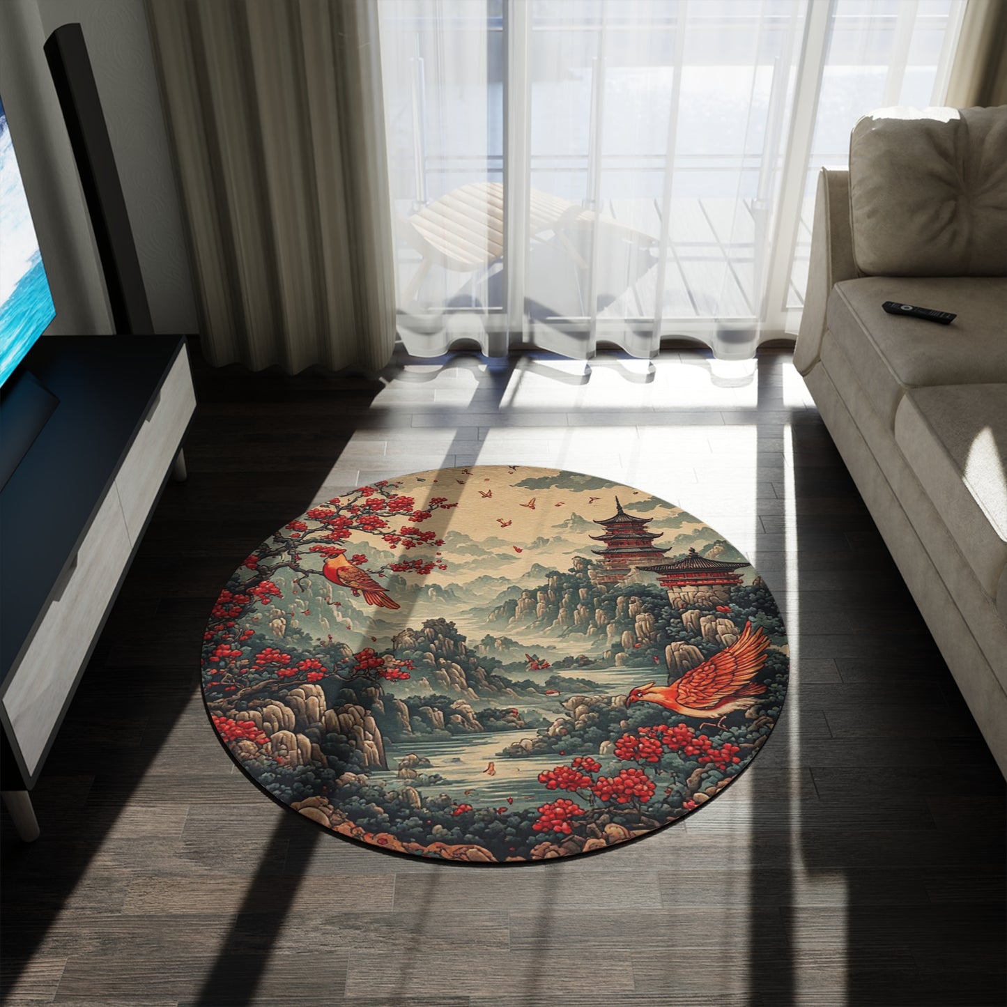 Oriental Style Rug w/Birds + Flowers - 60in Diameter Round Carpet 10