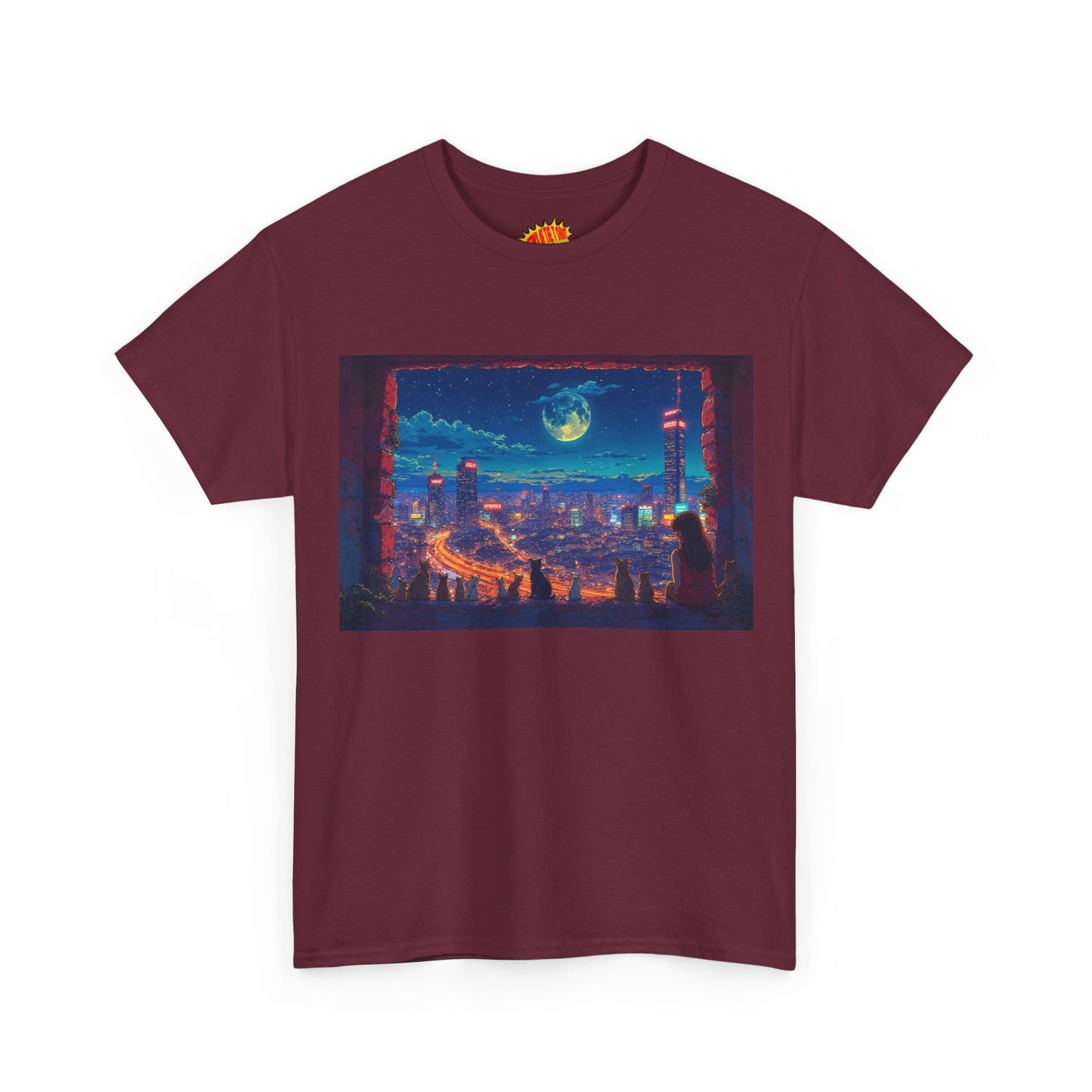 Anime Cityscape Night Scene w/Girl & Cats T-Shirt *Multiple Colors*