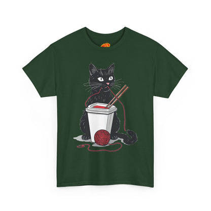 Black Cat w/Noodles + Yarn Ball Art Drawing Tee Shirt