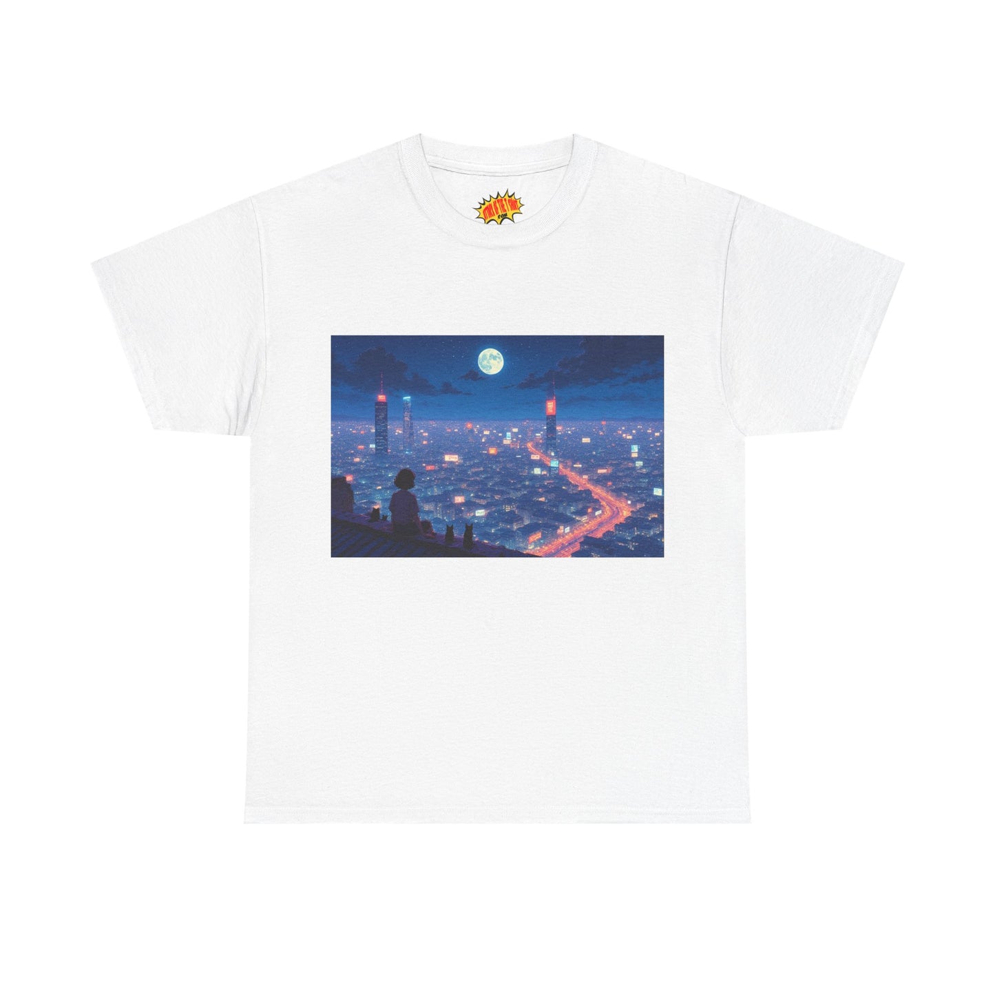 Anime Neon City Full Moon Scene w/Girl & Cats T-Shirt *Multiple Colors*