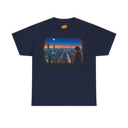 Neon Cityscape Anime Scene w/Girl & Cats T-Shirt