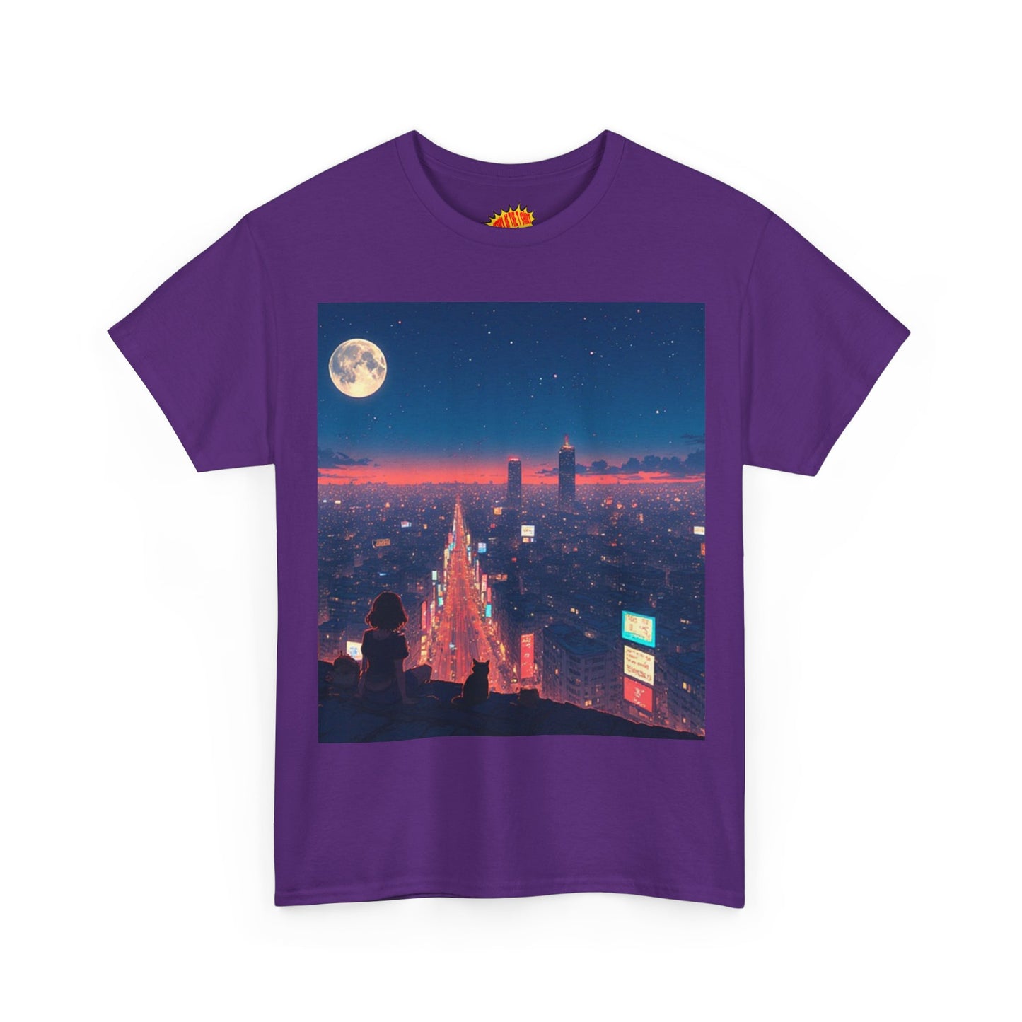 Anime Neon City Night Scene w/Girl & Cats T-Shirt *Multiple Colors*