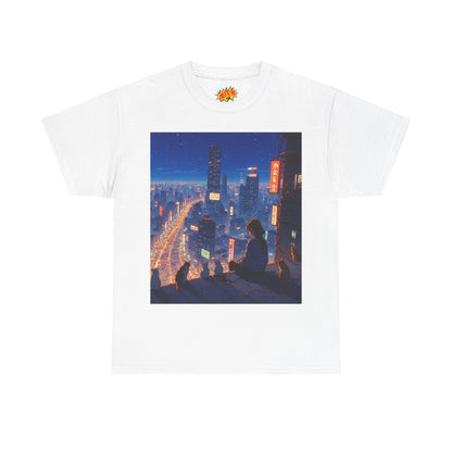 Neon Anime City Night Scene w/Girl & Cats T-Shirt