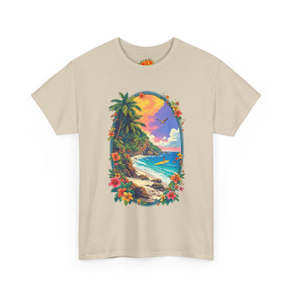 Tropical Beach Scene w/Oval Floral Frame T-Shirt