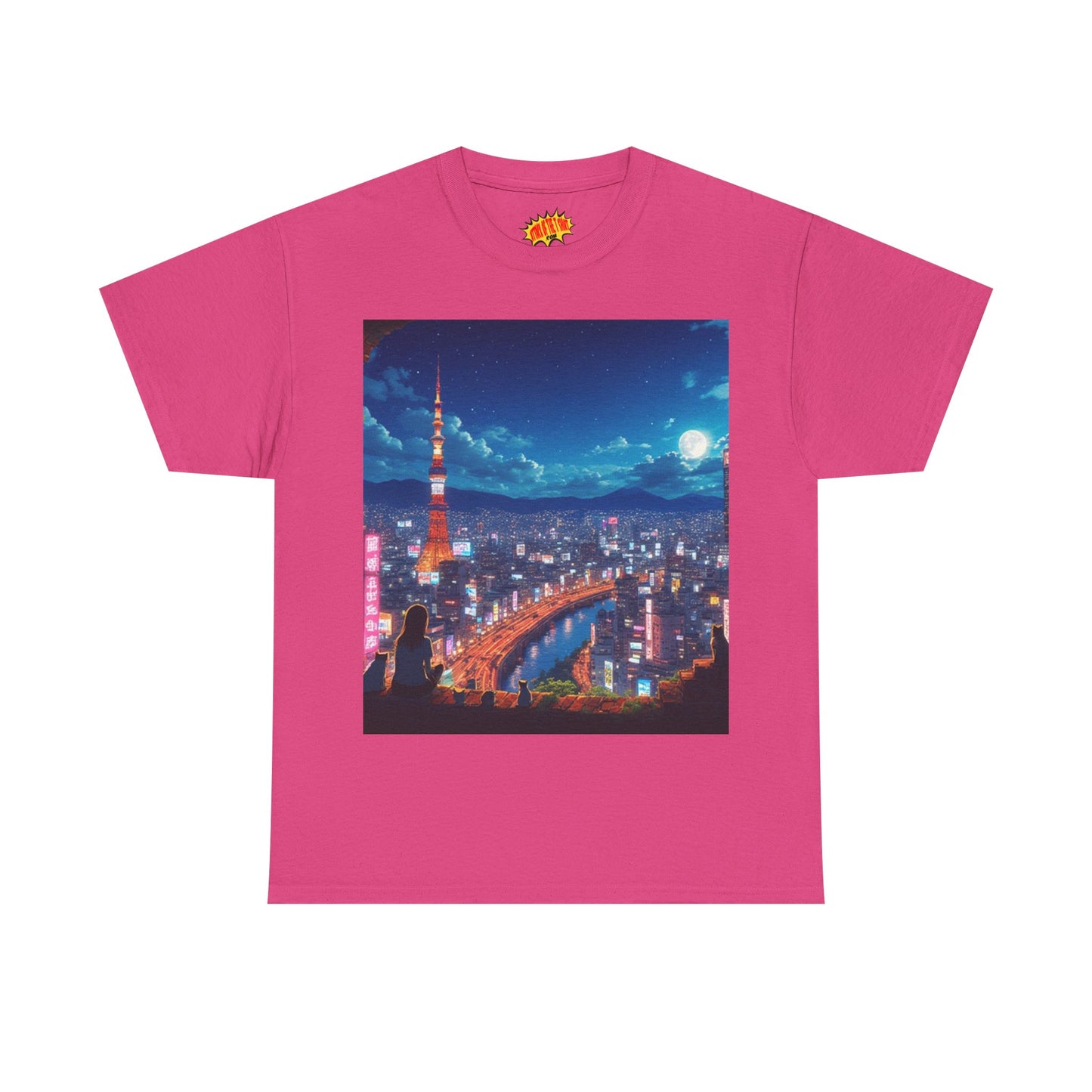 Neon Cityscape Nighttime Anime Scene w/Girl & Cats T-Shirt *Multiple Colors*