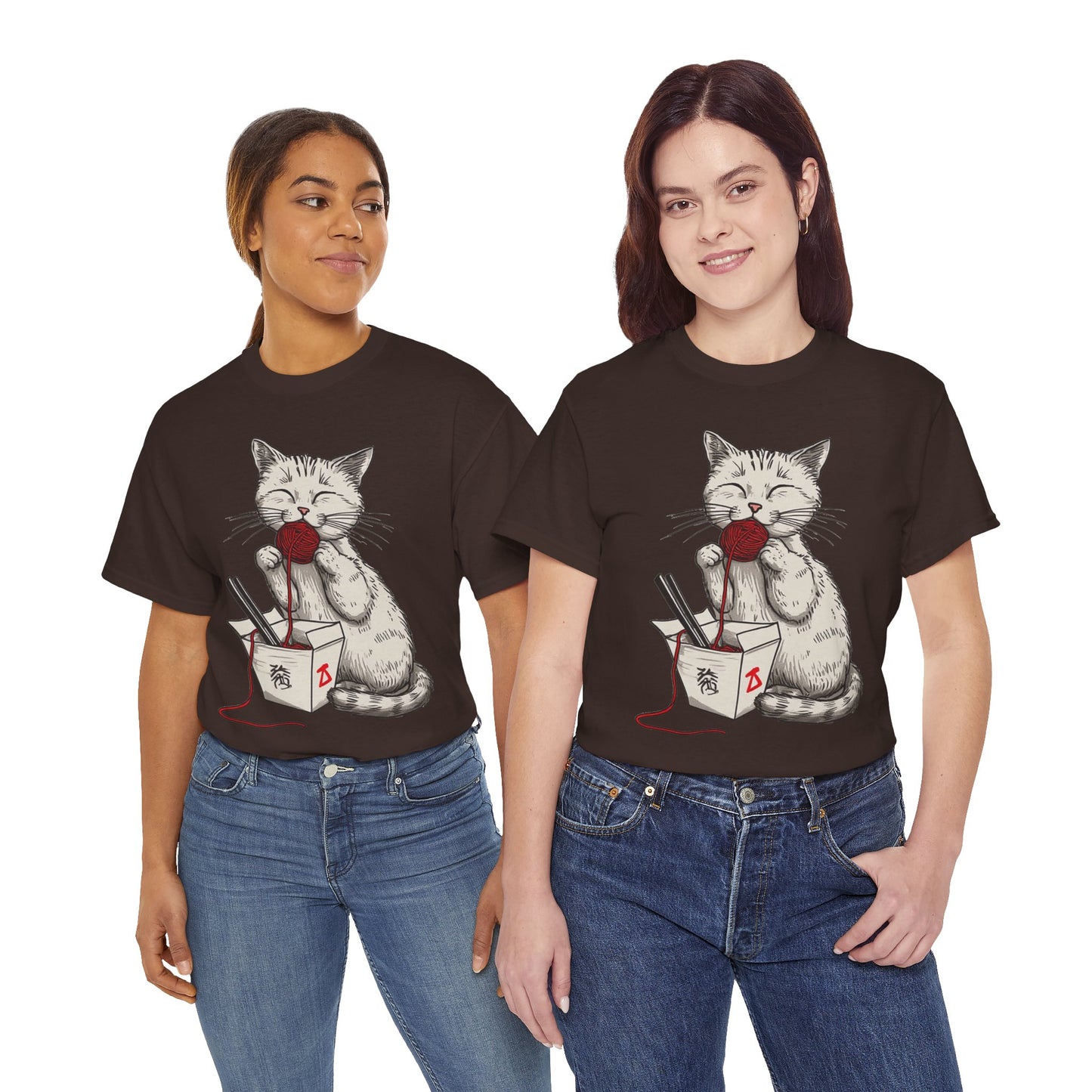Cat w/Takeout Yarn Noodles Art Tee Shirt *Multiple Colors*