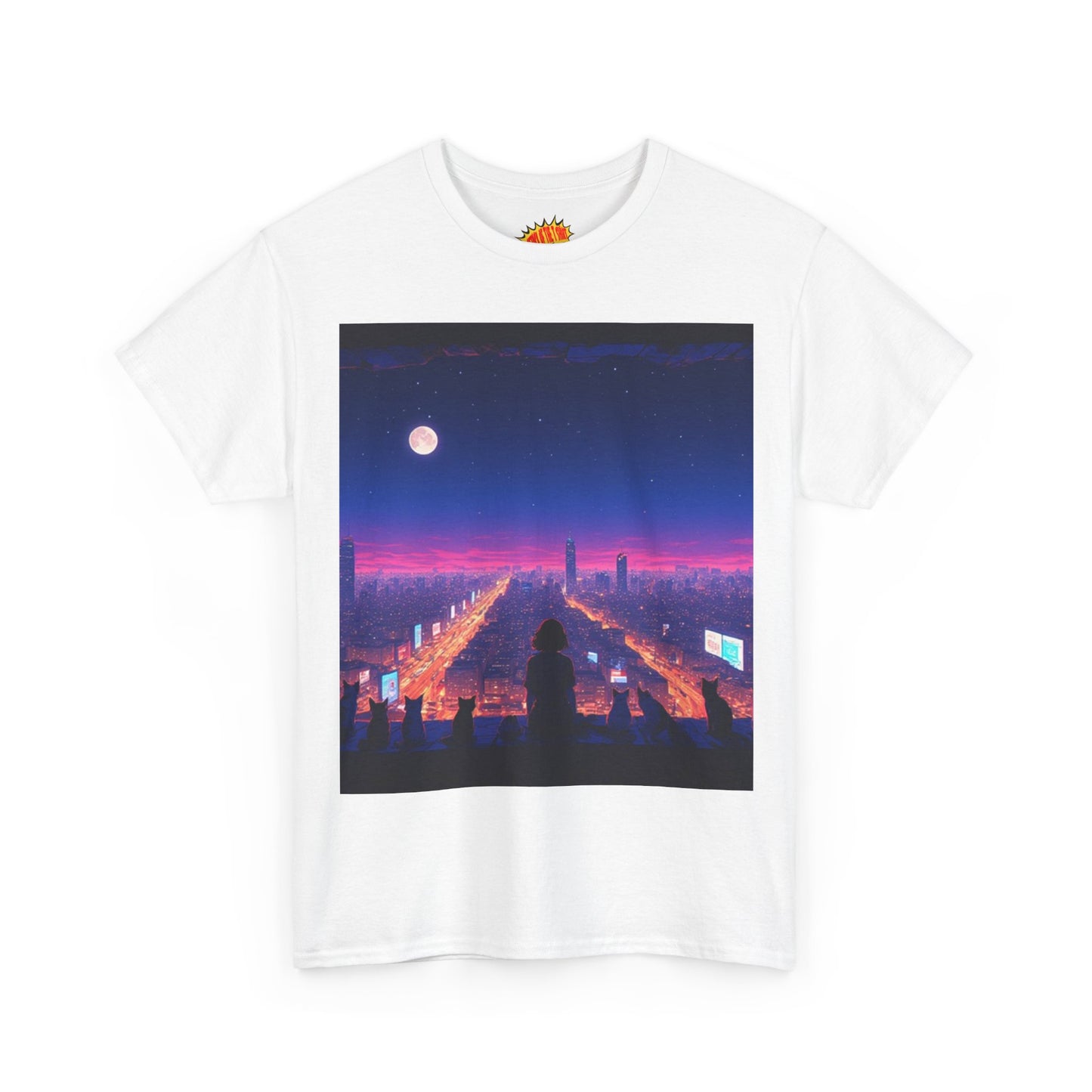 Anime City Full Moon Scene w/Girl & Cats T-Shirt *Multiple Colors*