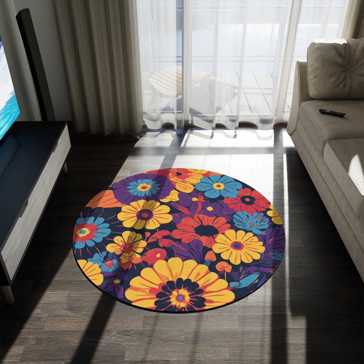 Retro Flower Pattern 60's/70's Style Area Rug - 60in Diameter Round Rug