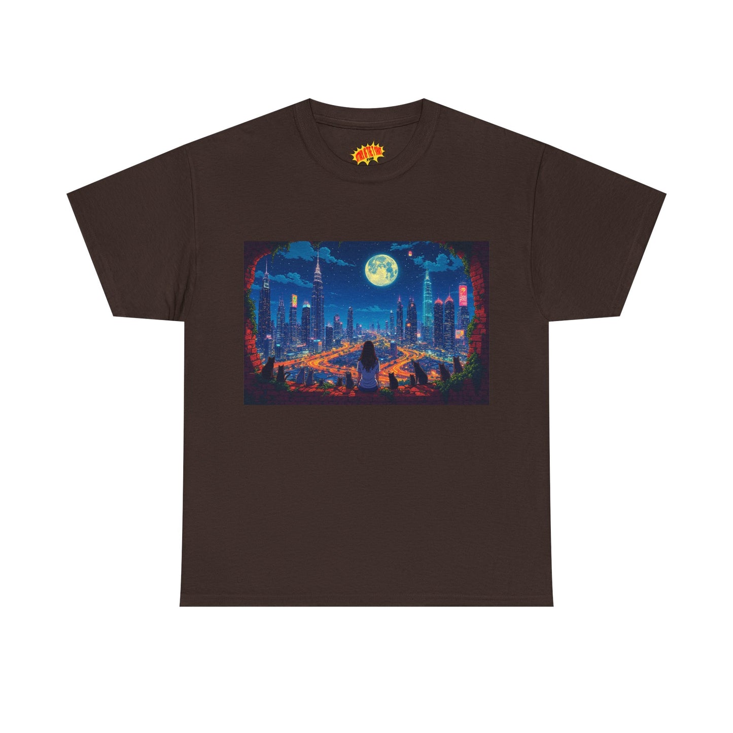 Anime City Night Scene w/Girl & Cats T-Shirt *Multiple Colors*