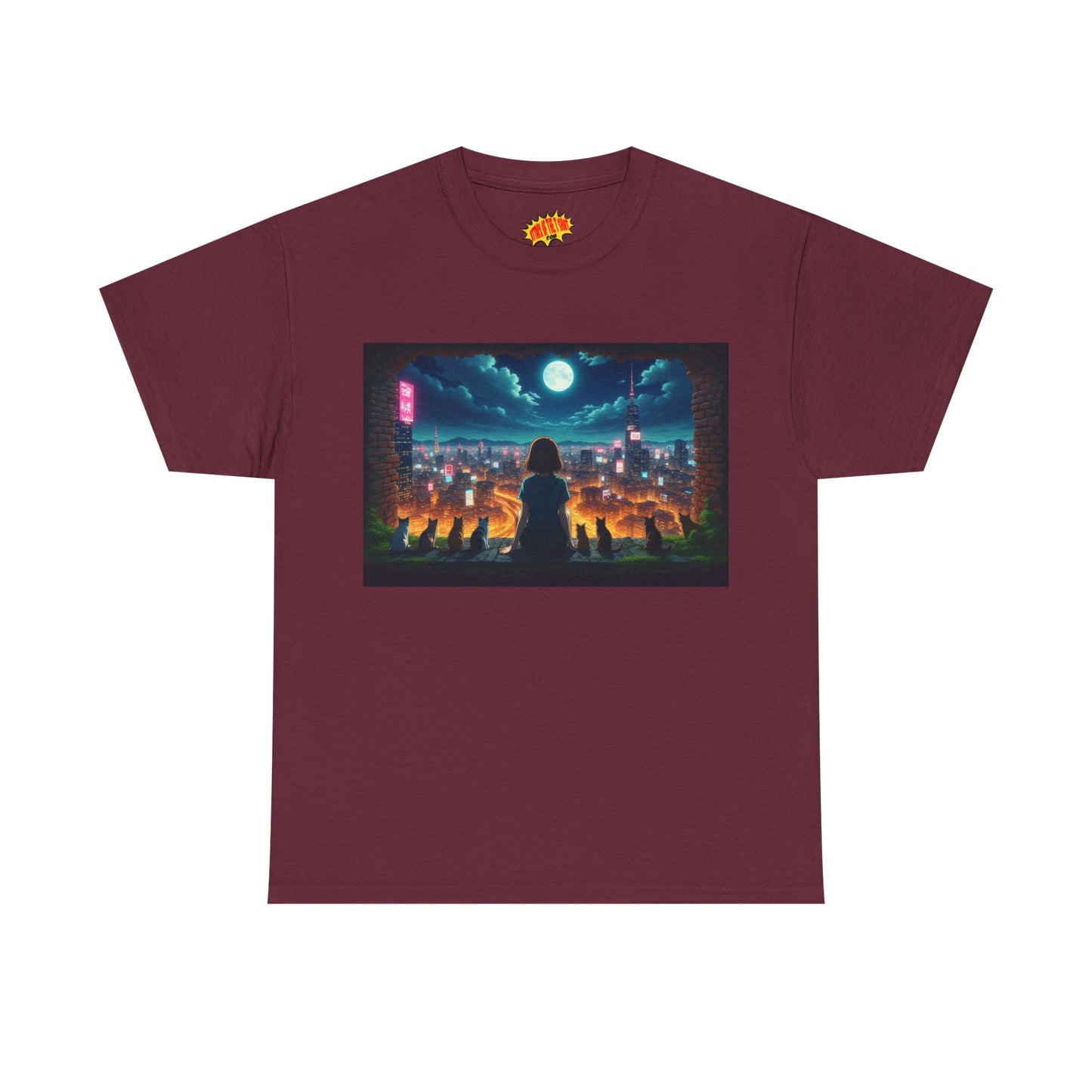 Anime Neon City Night Scene w/Girl & Cats T-Shirt *Multiple Colors*