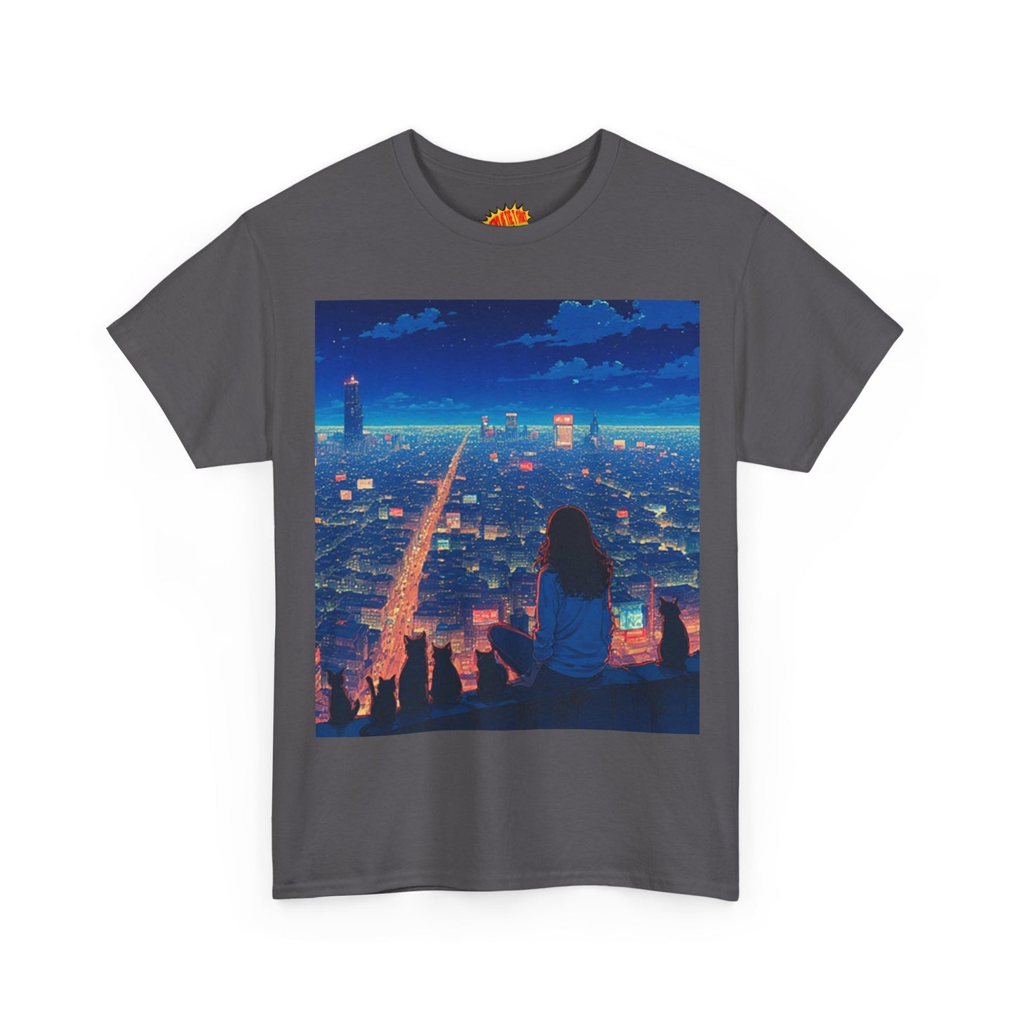 Anime Cityscape Night Sky Scene w/Girl & Cats T-Shirt *Multiple Colors*