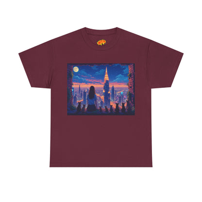 Anime Neon City Full Moon Scene w/Girl & Cats T-Shirt