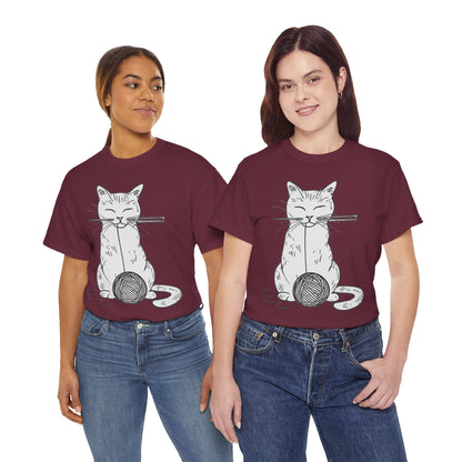White Cat w/Yarn Ball Art Drawing Tee Shirt