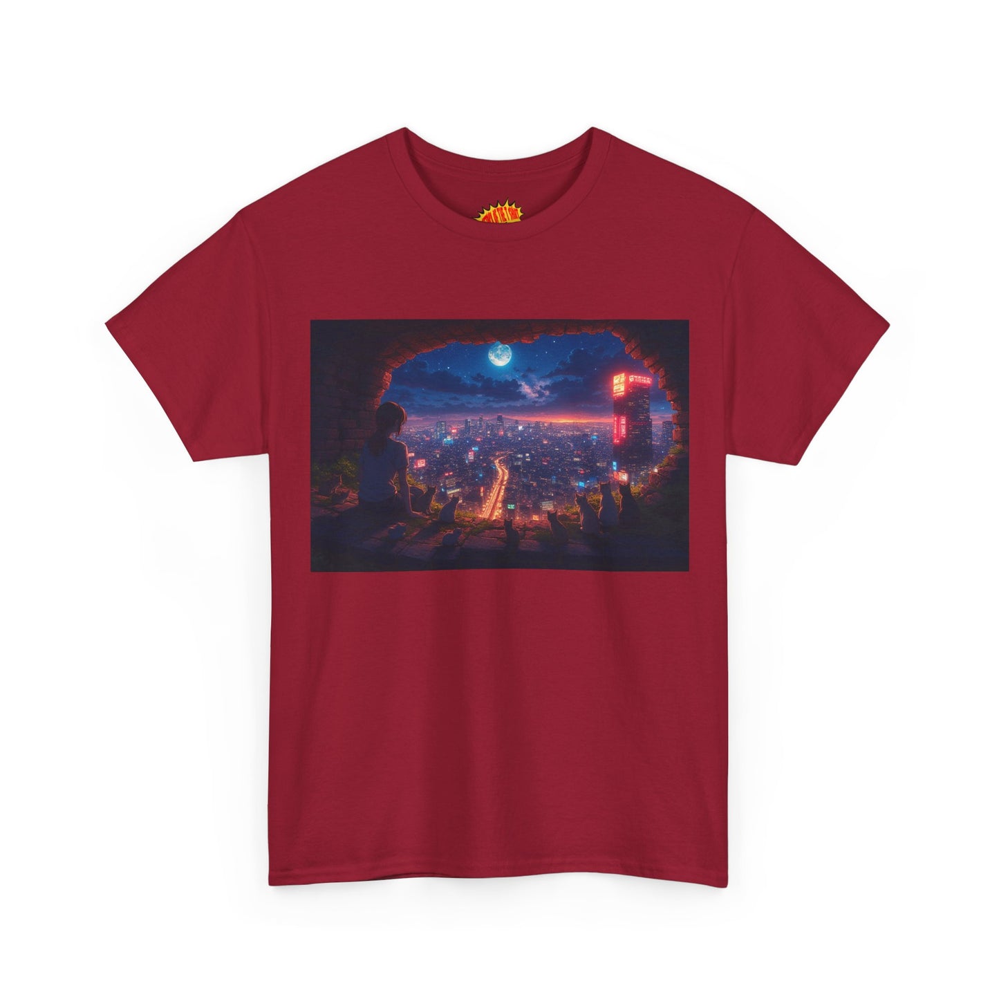 Anime Neon Cityscape Nighttime Scene w/Girl & Cats T-Shirt *Multiple Colors*