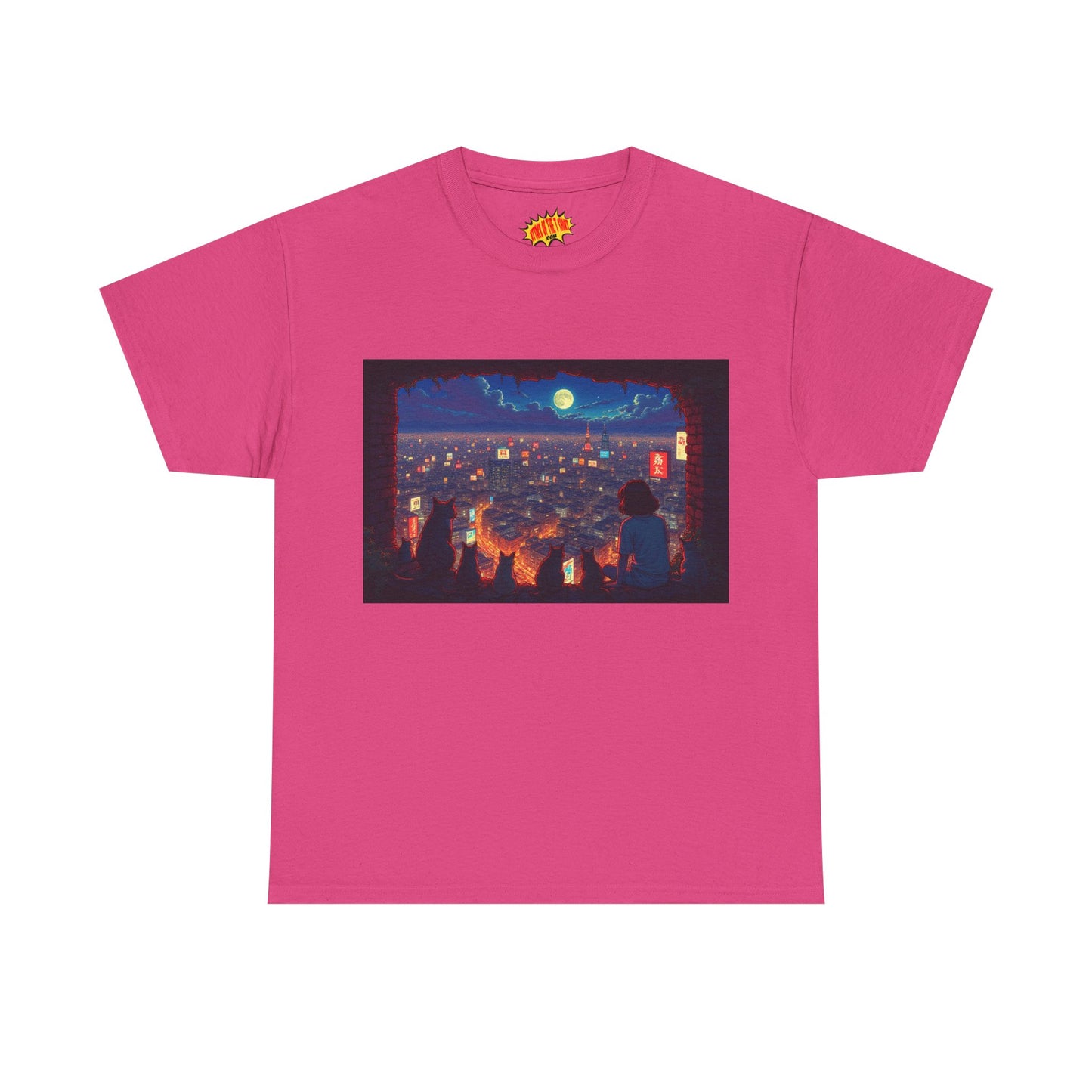 Cityscape Anime Nighttime Scene w/Girl & Cats T-Shirt *Multiple Colors*