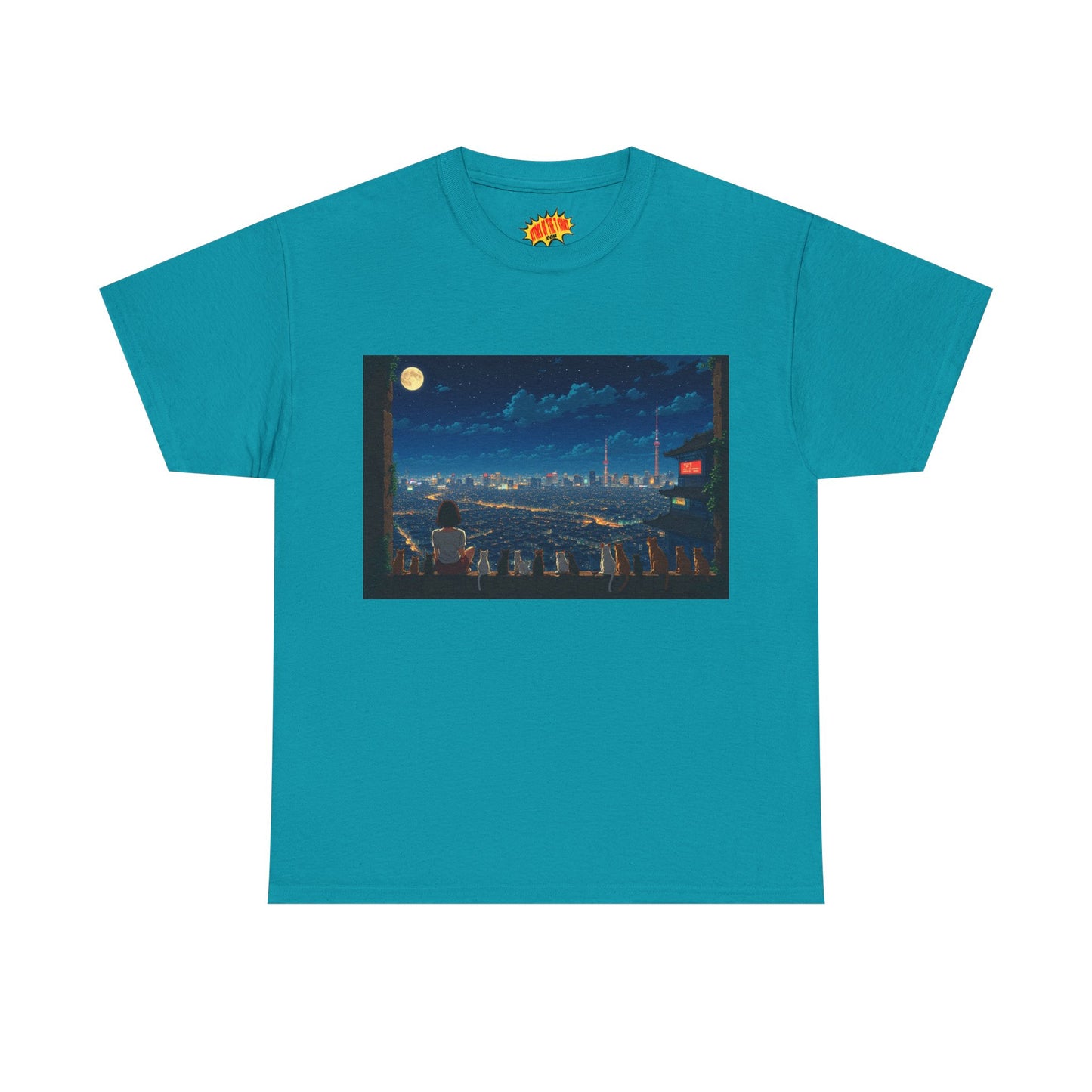 Anime City Night Sky Scene w/Girl & Cats T-Shirt *Multiple Colors*