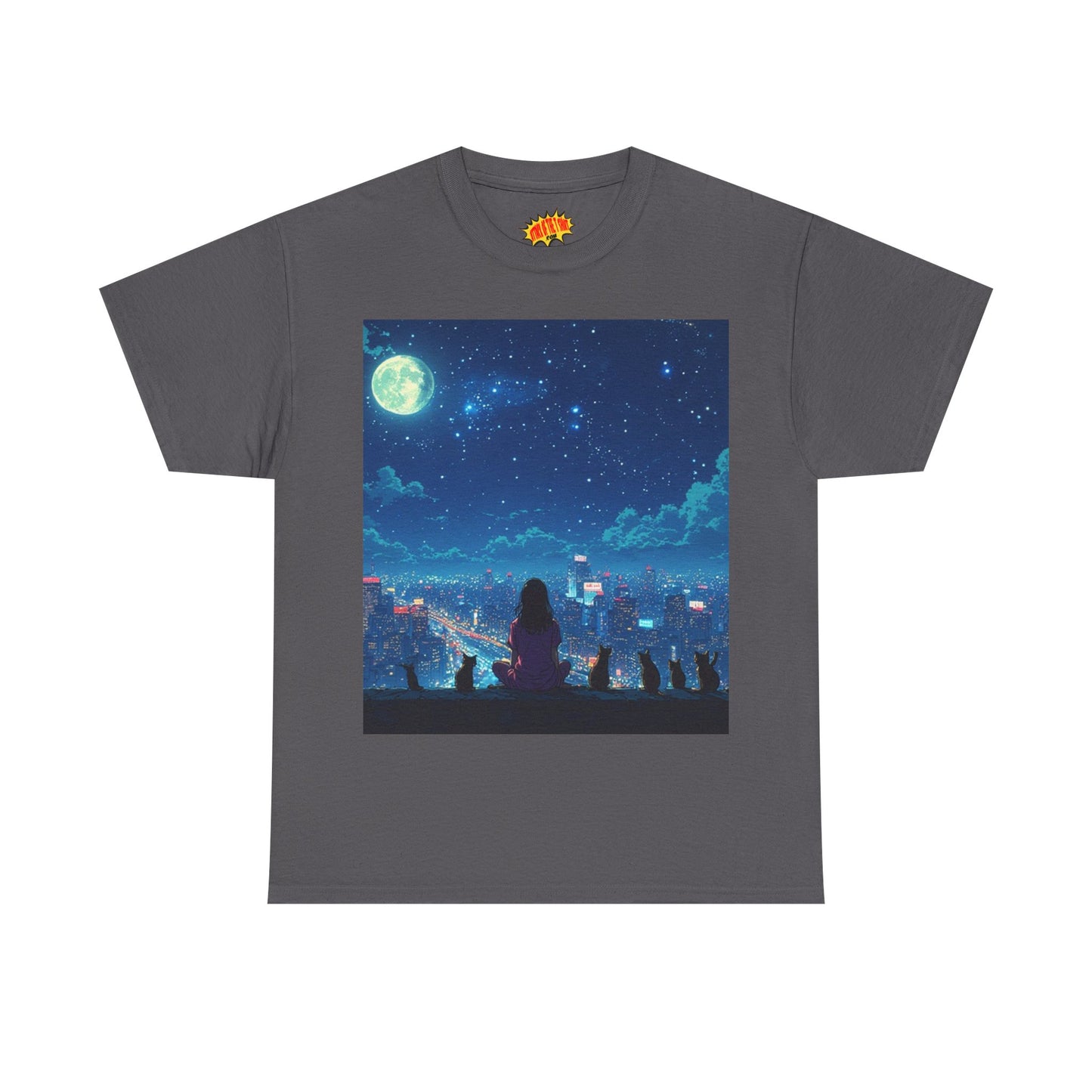 Anime Full Moon City Scene w/Girl & Cats T-Shirt *Multiple Colors*