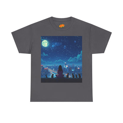 Anime Full Moon City Scene w/Girl & Cats T-Shirt