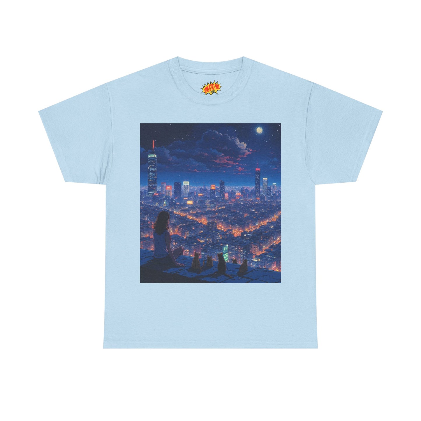 Neon Anime Cityscape Scene w/Girl & Cats T-Shirt *Multiple Colors*