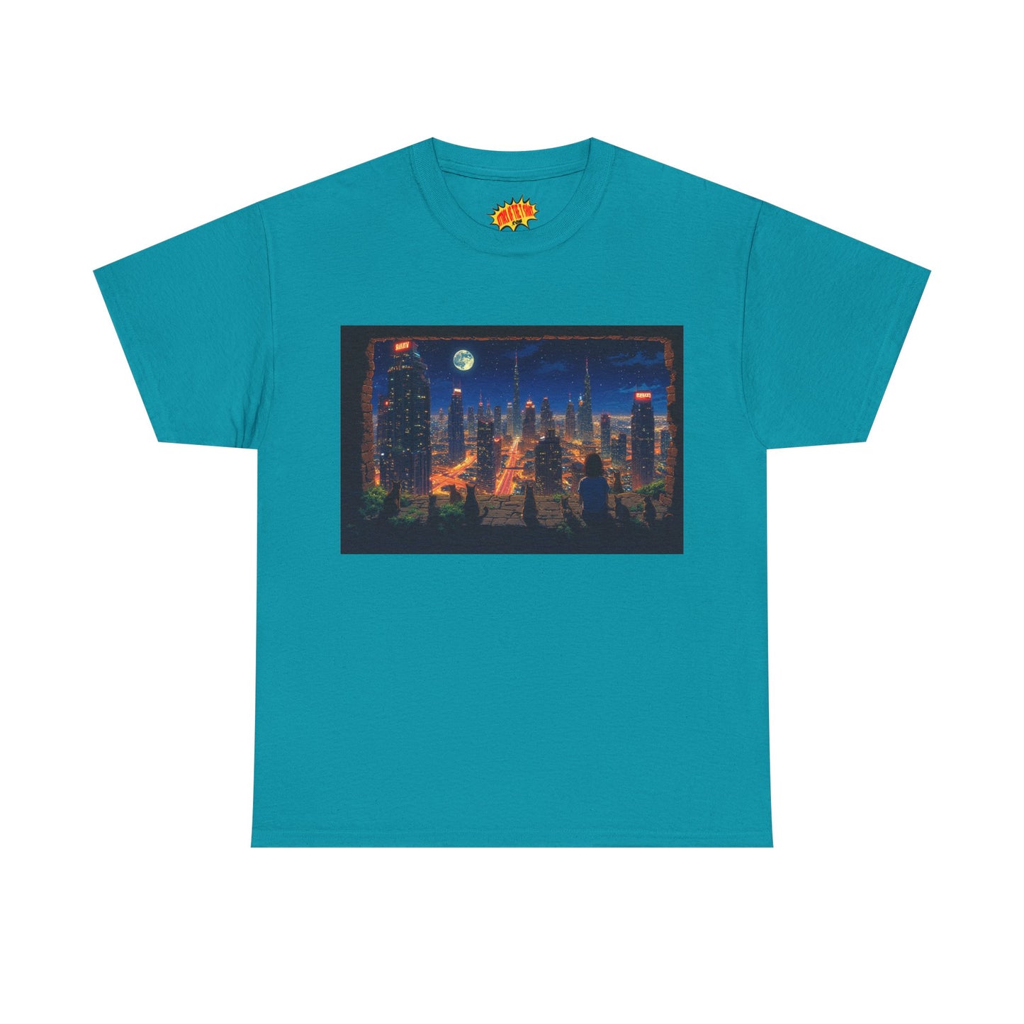 Neon Anime Cityscape Full Moon w/Girl & Cats T-Shirt *Multiple Colors*