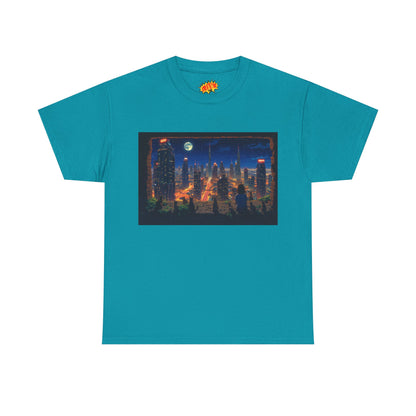 Neon Anime Cityscape Full Moon w/Girl & Cats T-Shirt