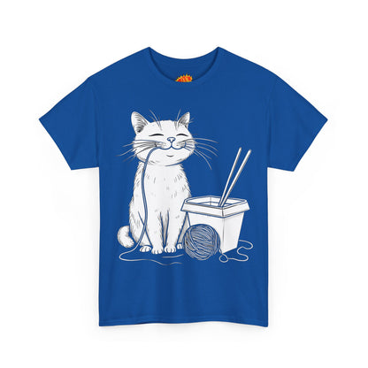Happy Cat w/Noodles + Yarn Ball Art Drawing Tee Shirt