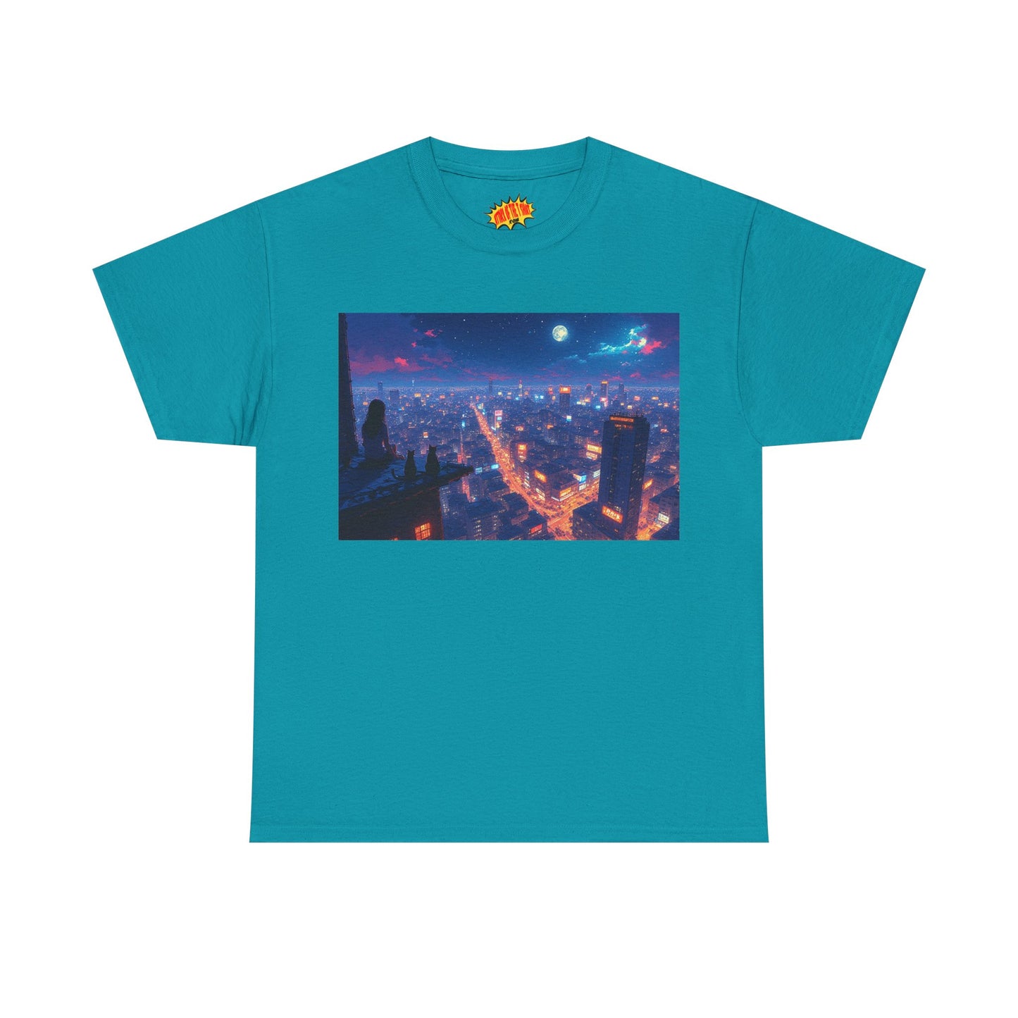 Nighttime Neon Anime Cityscape w/Cats T-Shirt *Multiple Colors*