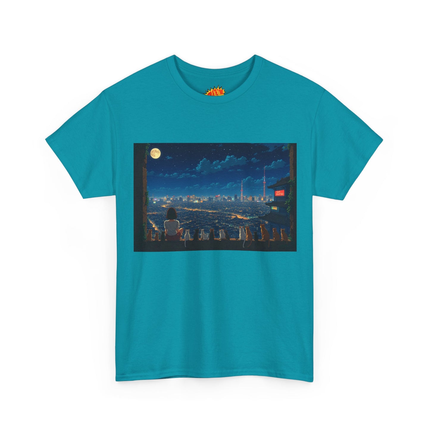 Anime City Night Sky Scene w/Girl & Cats T-Shirt *Multiple Colors*