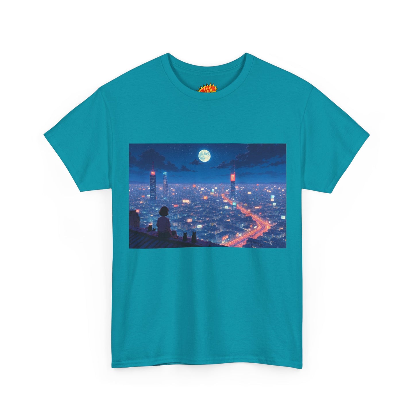 Anime Neon City Full Moon Scene w/Girl & Cats T-Shirt *Multiple Colors*