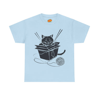 Black Cat w/Box + Yarn Ball Art Drawing Tee Shirt