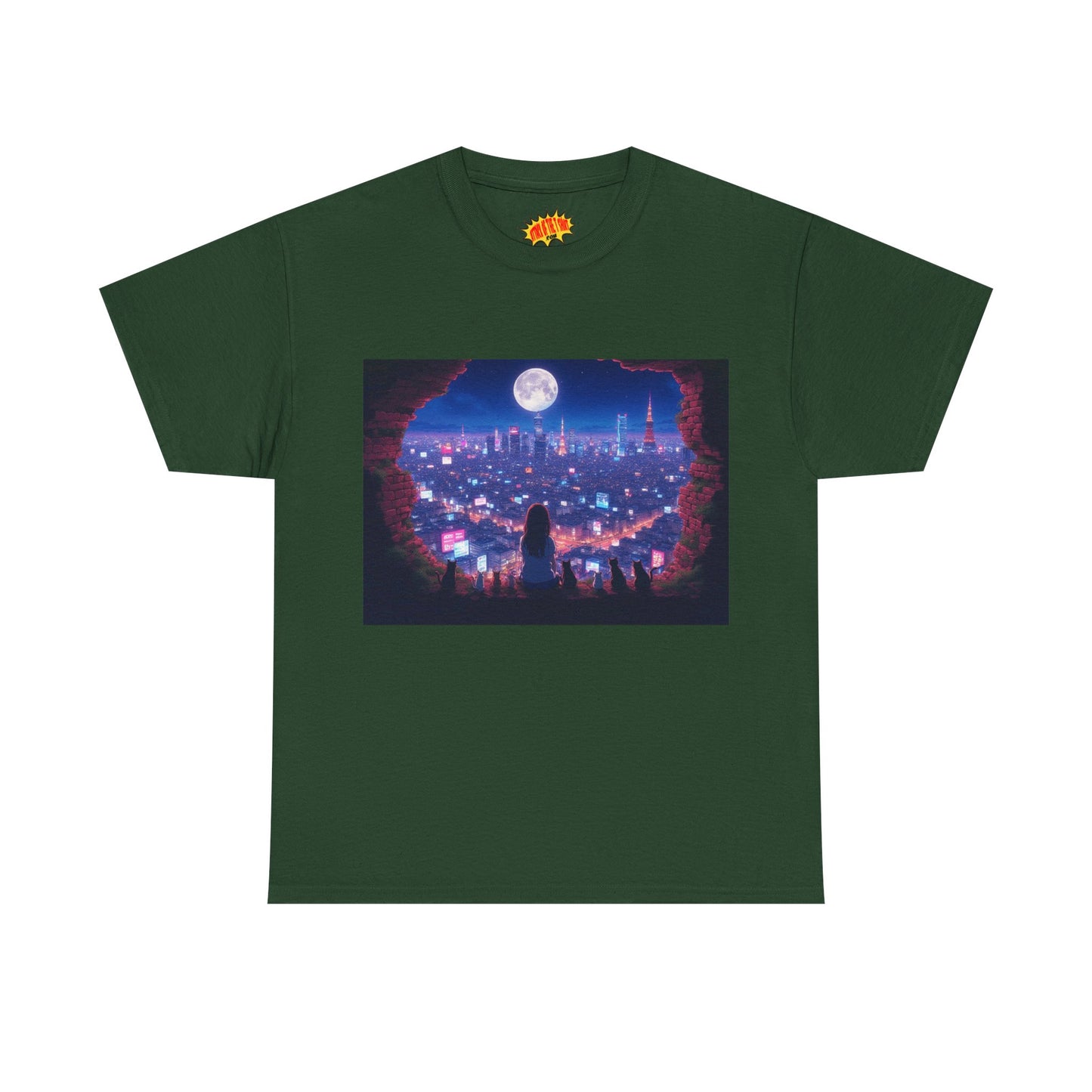 Neon Anime City Night Scene w/Girl & Cats T-Shirt *Multiple Colors*