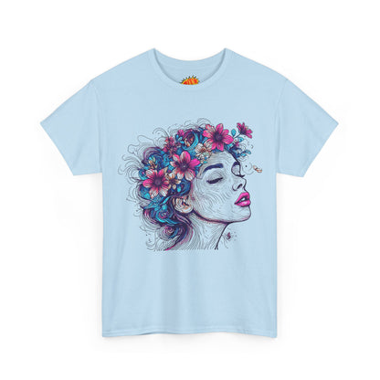 Multicolor Line Drawing Human Flower Graphic Art Tee Shirt