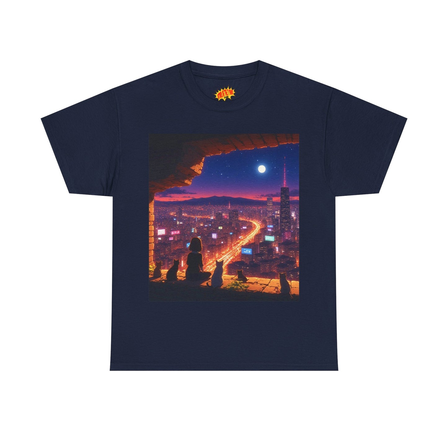 Anime Neon Cityscape Full Moon Scene w/Girl & Cats T-Shirt *Multiple Colors*
