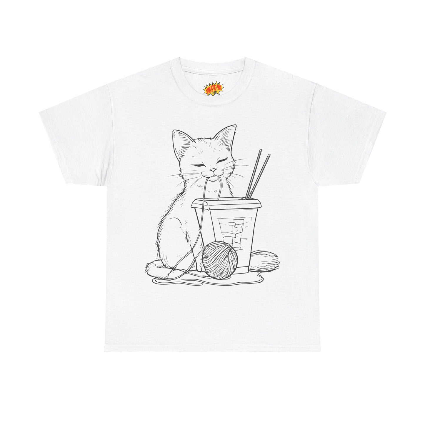Cat w/Takeout + Yarn Ball Line Drawing Tee Shirt *Multiple Colors*