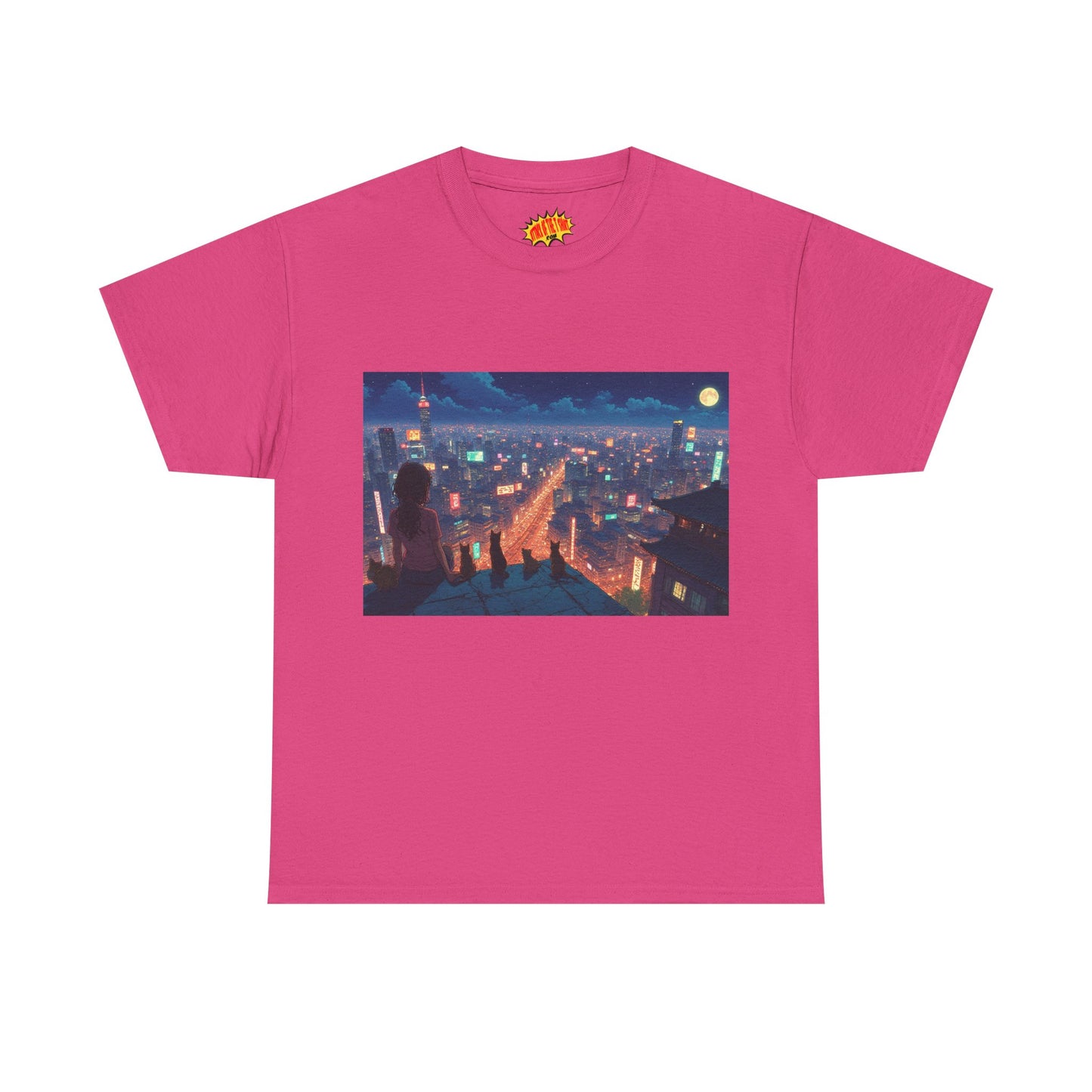 Anime Neon Cityscape Scene w/Girl & Cats T-Shirt *Multiple Colors*