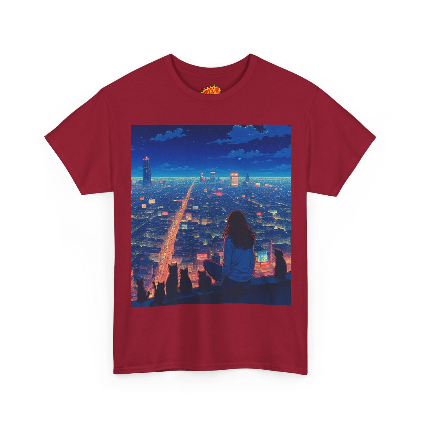 Anime Cityscape Night Sky Scene w/Girl & Cats T-Shirt *Multiple Colors*