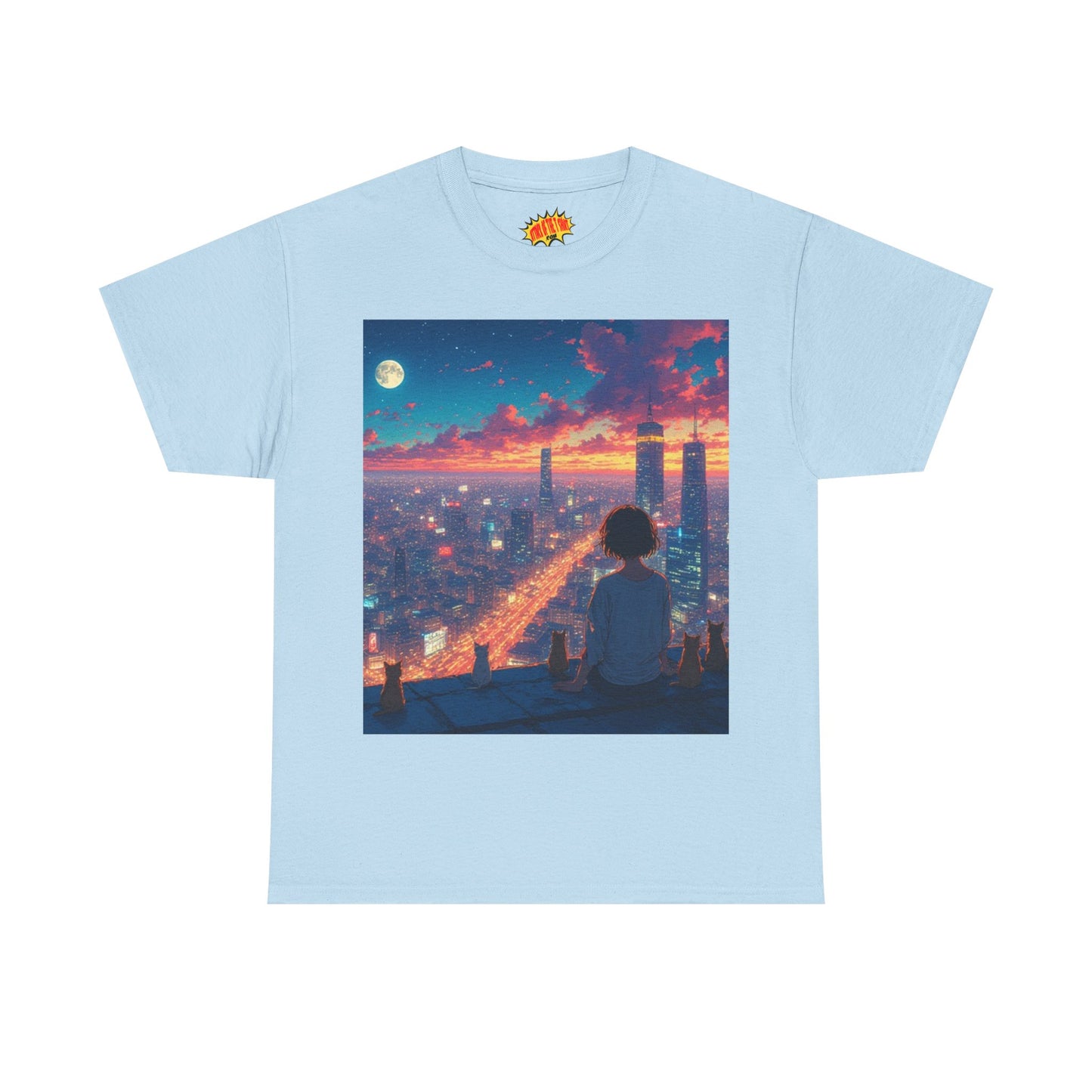 Neon City Anime Nighttime Scene w/Cats T-Shirt *Multiple Colors*