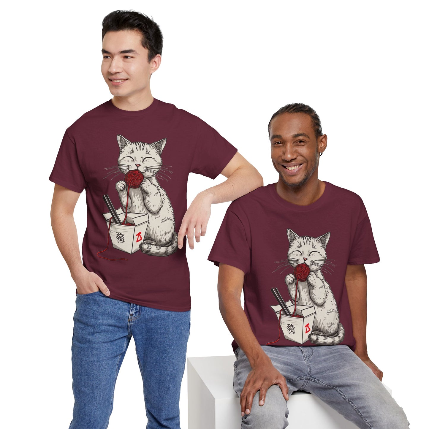 Cat w/Takeout Yarn Noodles Art Tee Shirt *Multiple Colors*