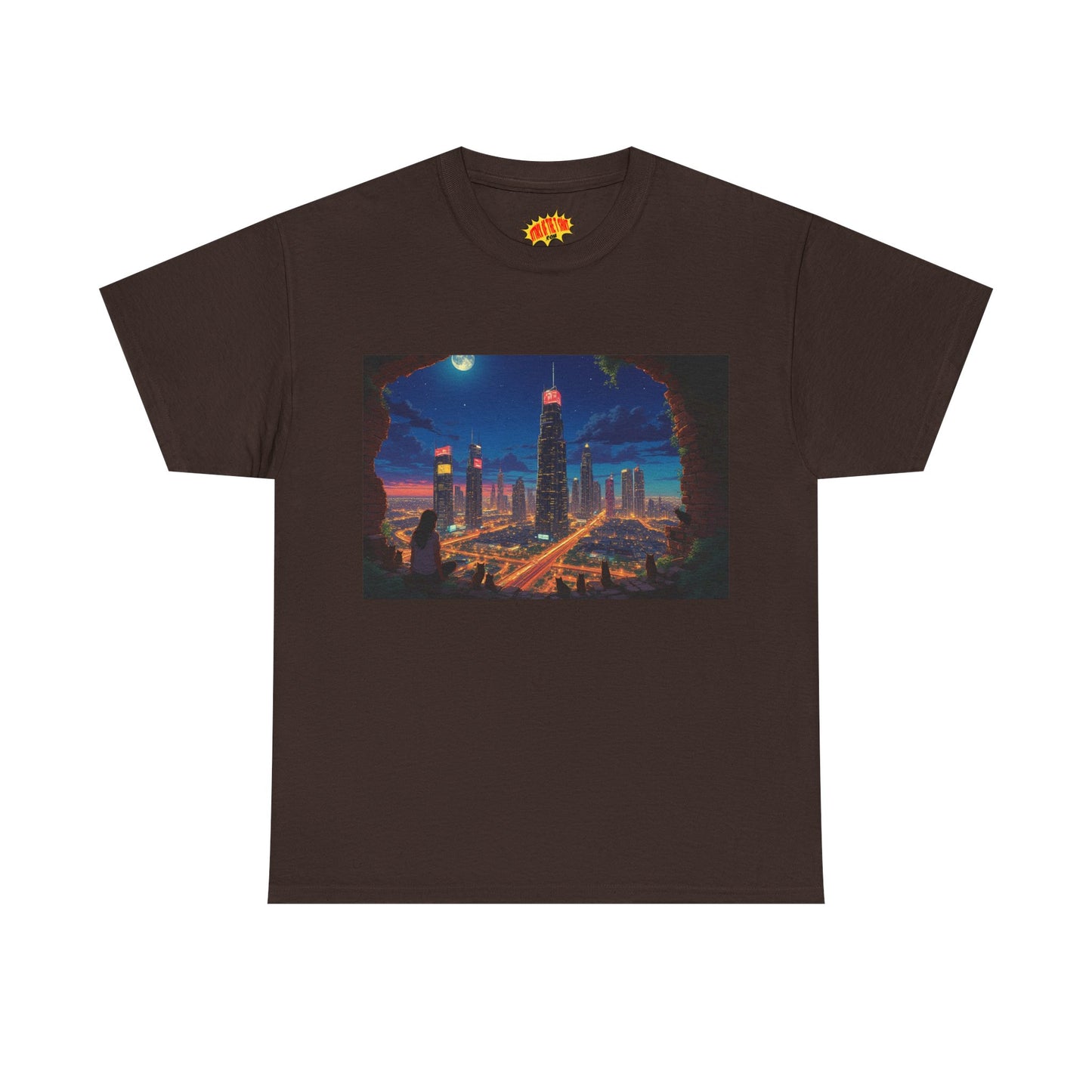 Anime Cityscape Night Scene w/Girl & Cats T-Shirt *Multiple Colors*