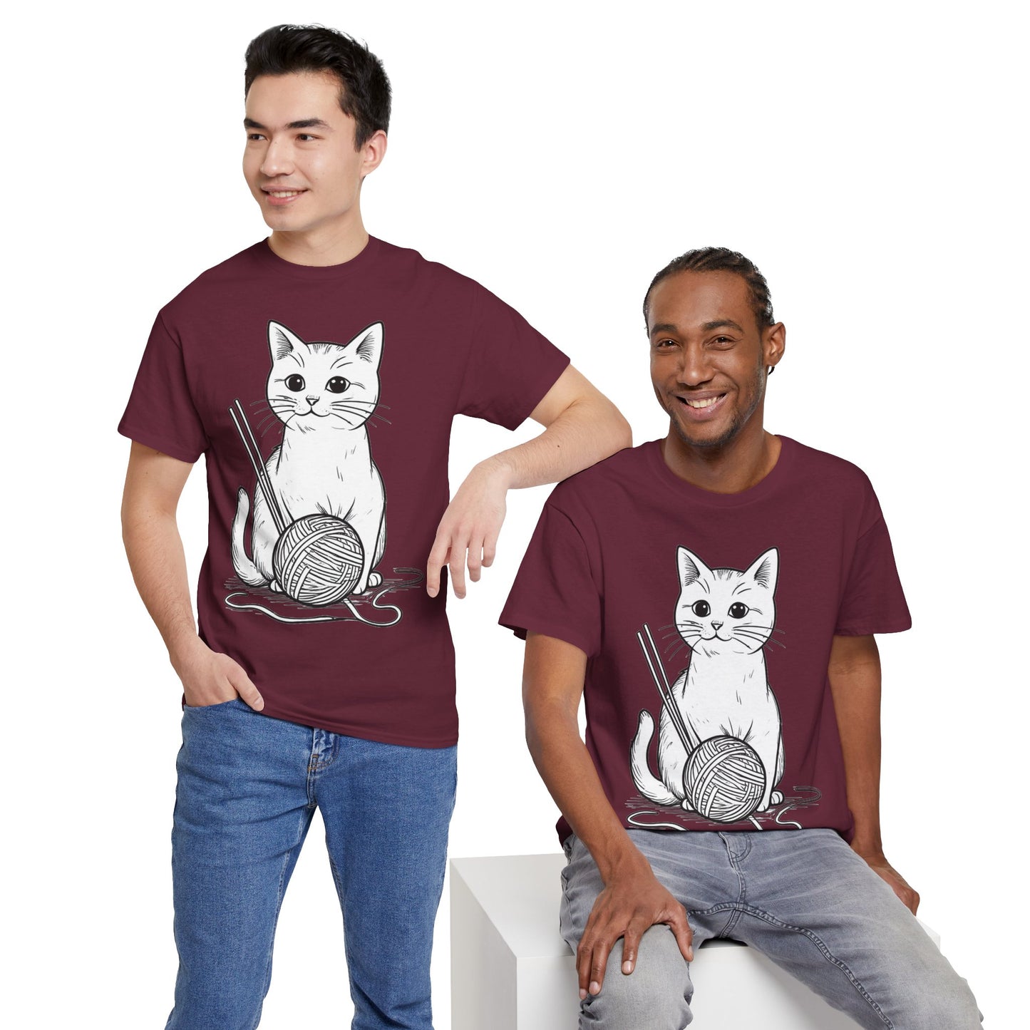 White Cat w/Yarn Ball Art Tee Shirt *Multiple Colors*