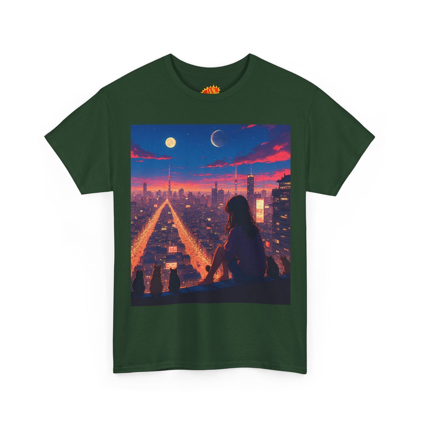 Anime City Twin Moon Scene w/Cats T-Shirt *Multiple Colors*