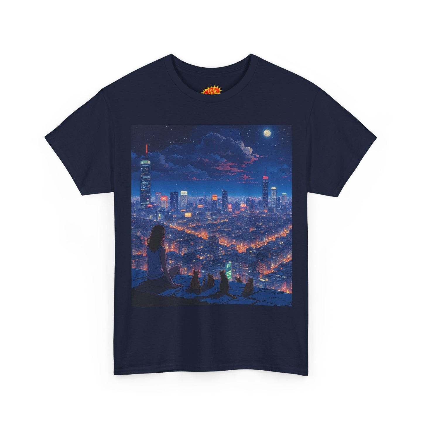 Neon Anime Cityscape Scene w/Girl & Cats T-Shirt *Multiple Colors*