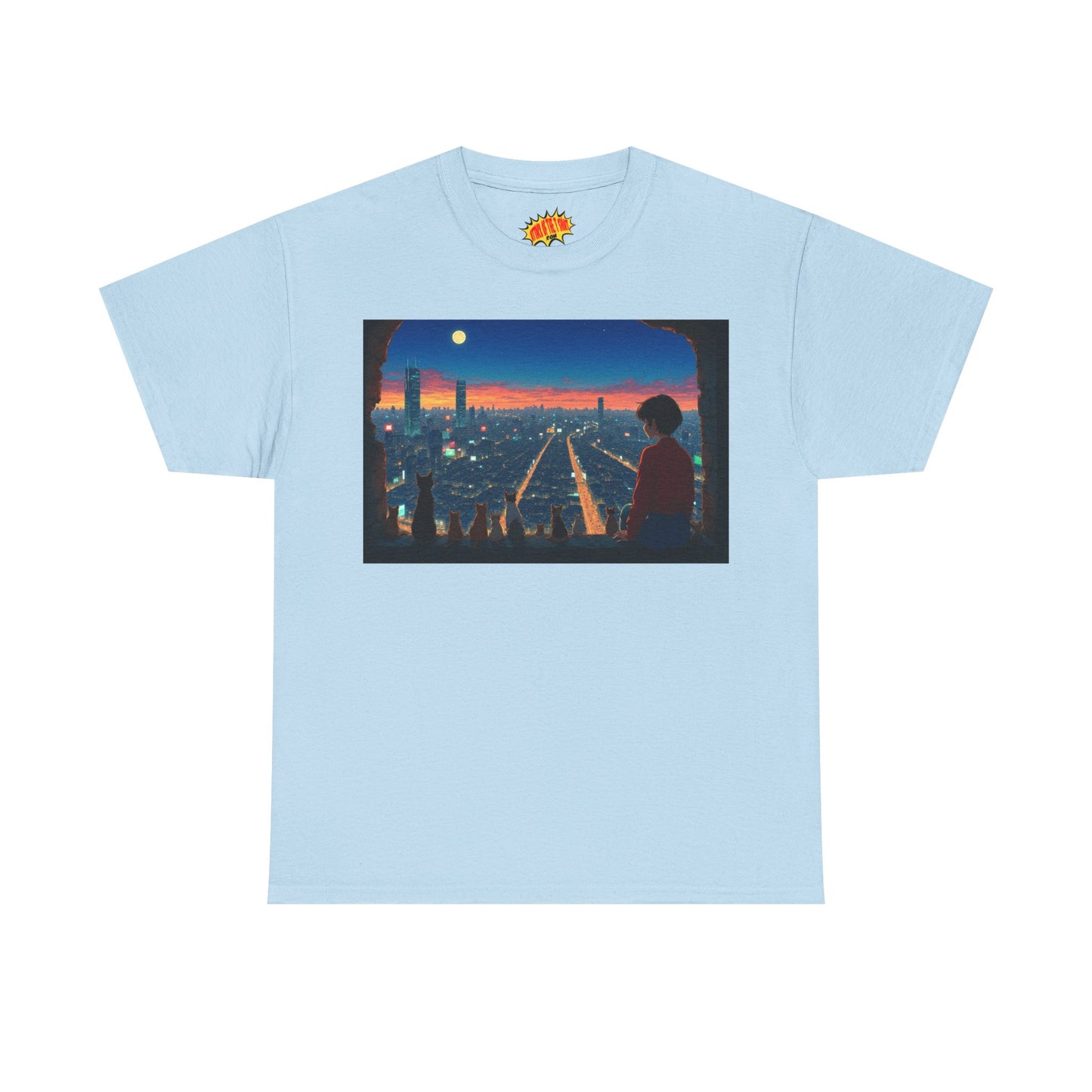 Neon Cityscape Anime Scene w/Girl & Cats T-Shirt *Multiple Colors*