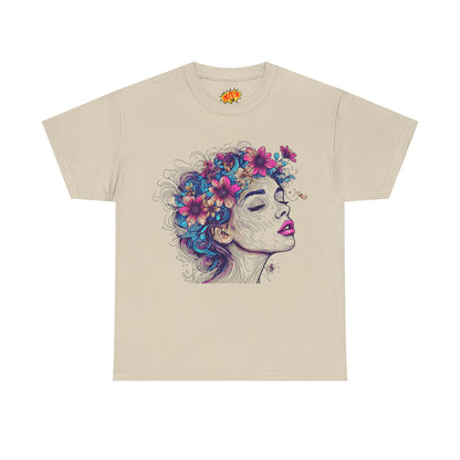 Multicolor Line Drawing Human Flower Graphic Art Tee Shirt