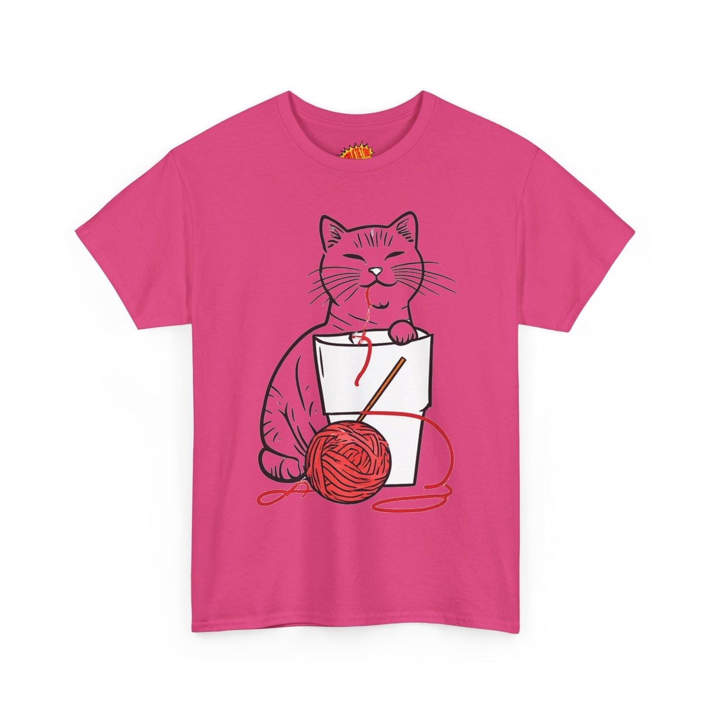 Cat w/Noodle Cup + Yarn Ball Art Drawing Tee Shirt *Multiple Colors*