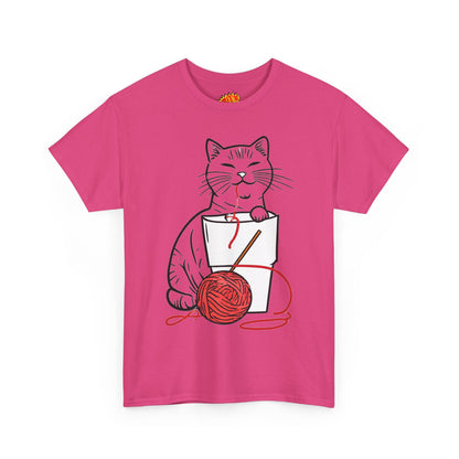 Cat w/Noodle Cup + Yarn Ball Art Drawing Tee Shirt
