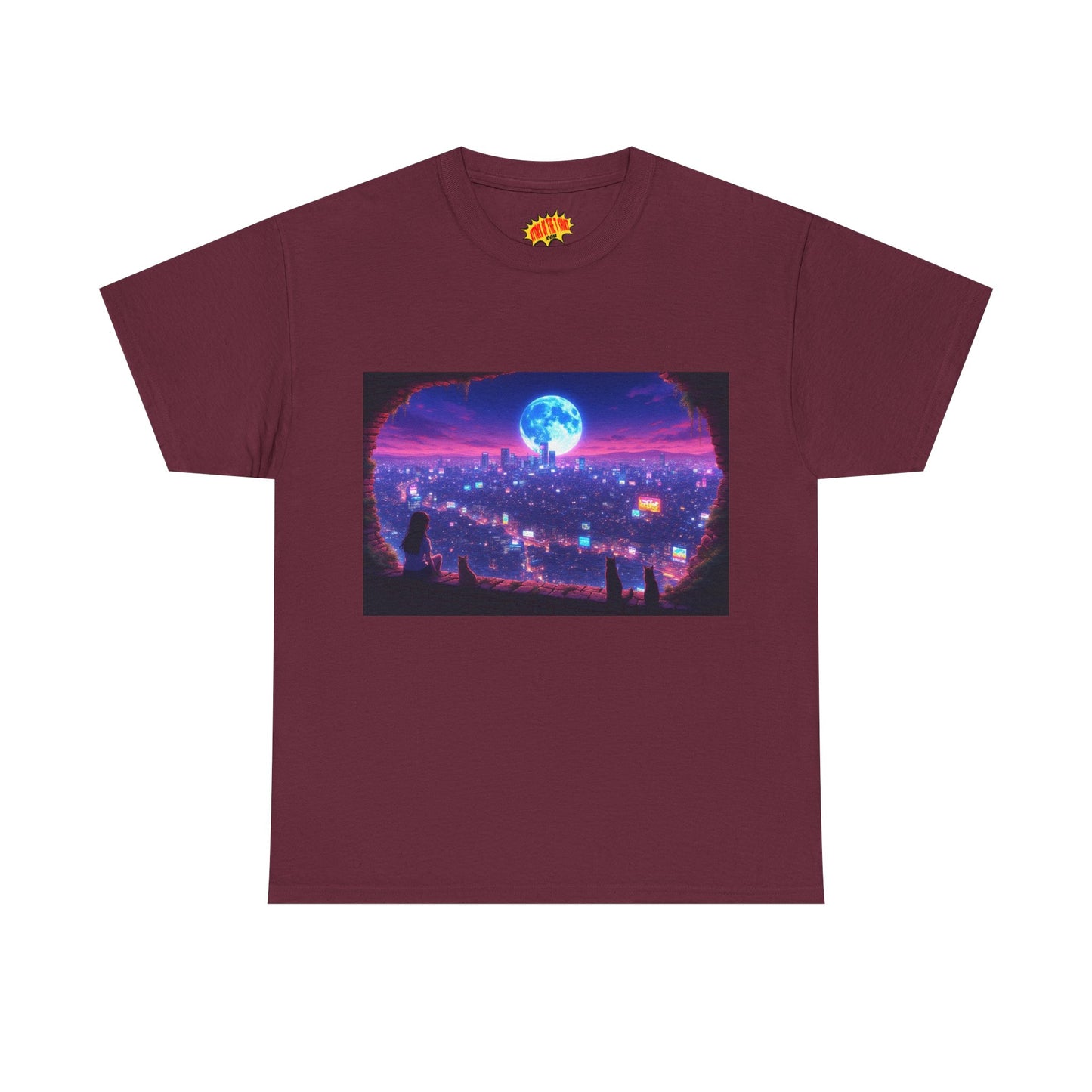 Neon Anime Cityscape Full Moon Scene w/Girl & Cats T-Shirt *Multiple Colors*