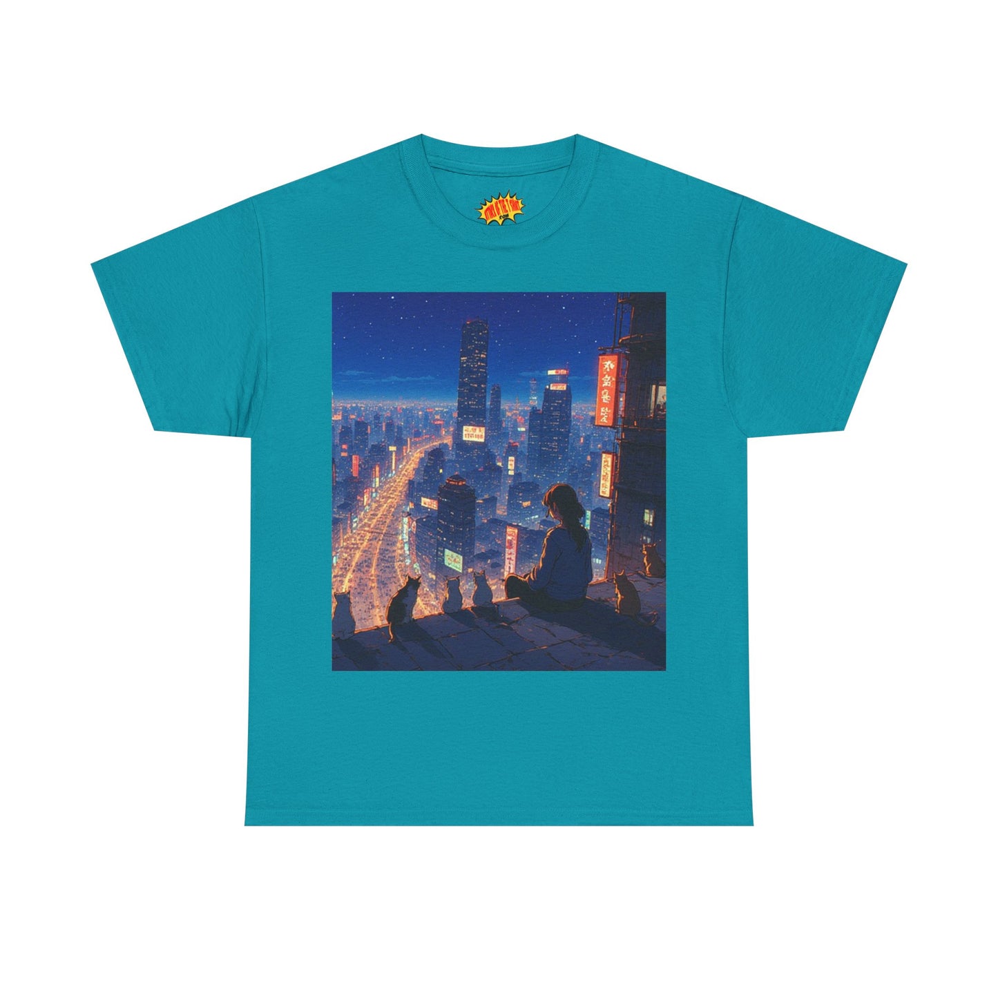 Neon Anime City Night Scene w/Girl & Cats T-Shirt *Multiple Colors*